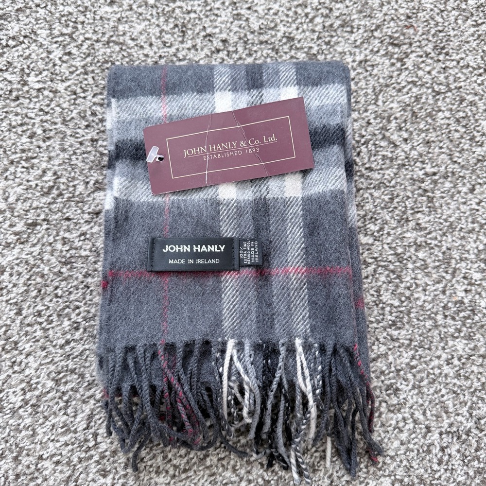 John Hanly & Co. Ltd. Extra Fine Merino Wool Plaid Scarf 70"x12" Fringe Classic
